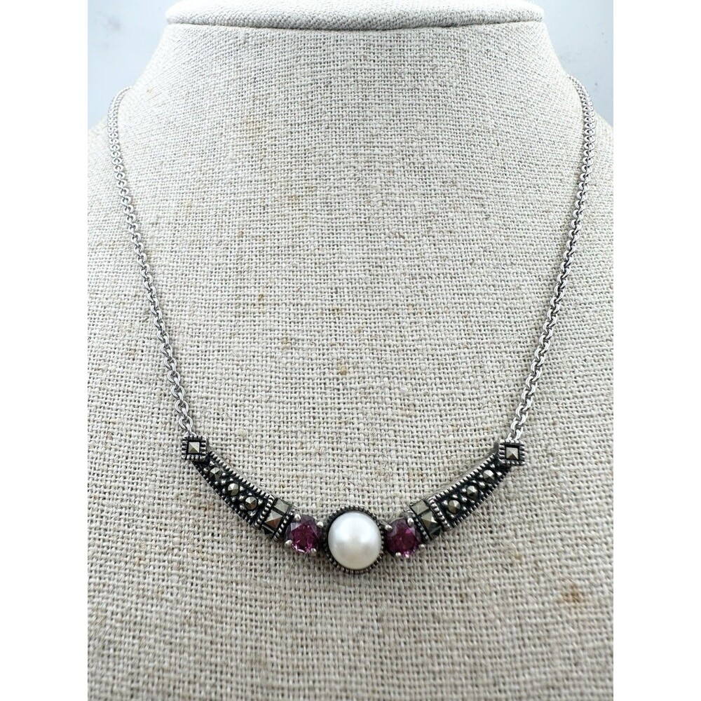 Vintage Judith Jack Sterling Silver Marcasite Pink Tourmaline Pearl Necklace